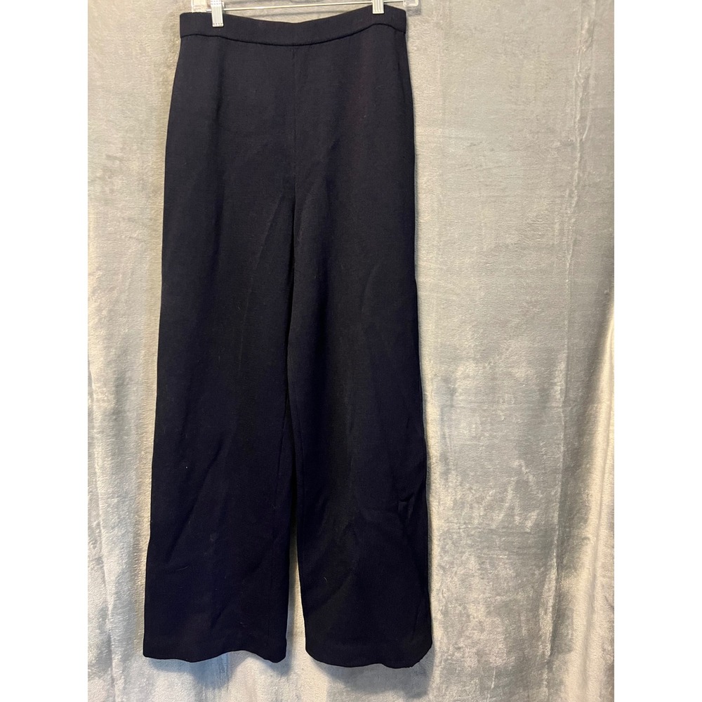 St John Basics Santana Knit Pants Sz 10 Navy Wide Leg Pull On Trouser Smll Hold